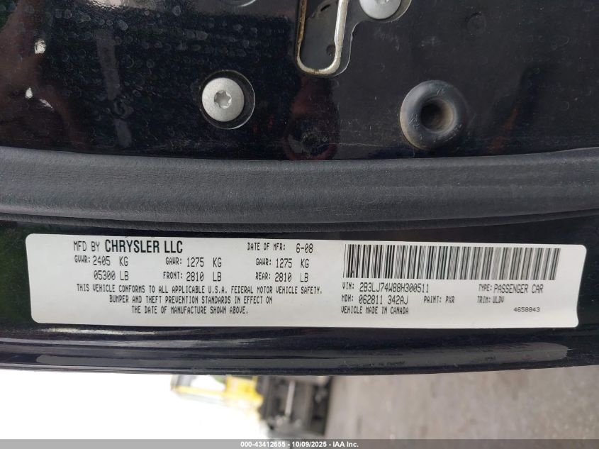 2008 Dodge Challenger Srt8 VIN: 2B3LJ74W88H300511 Lot: 43412655