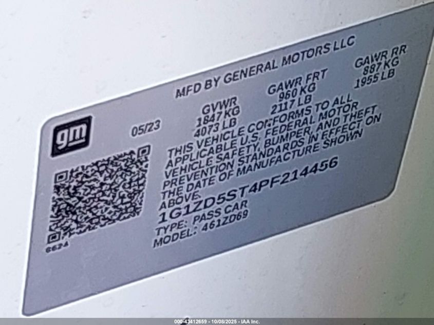 2023 Chevrolet Malibu Fwd 1Lt VIN: 1G1ZD5ST4PF214456 Lot: 43412659