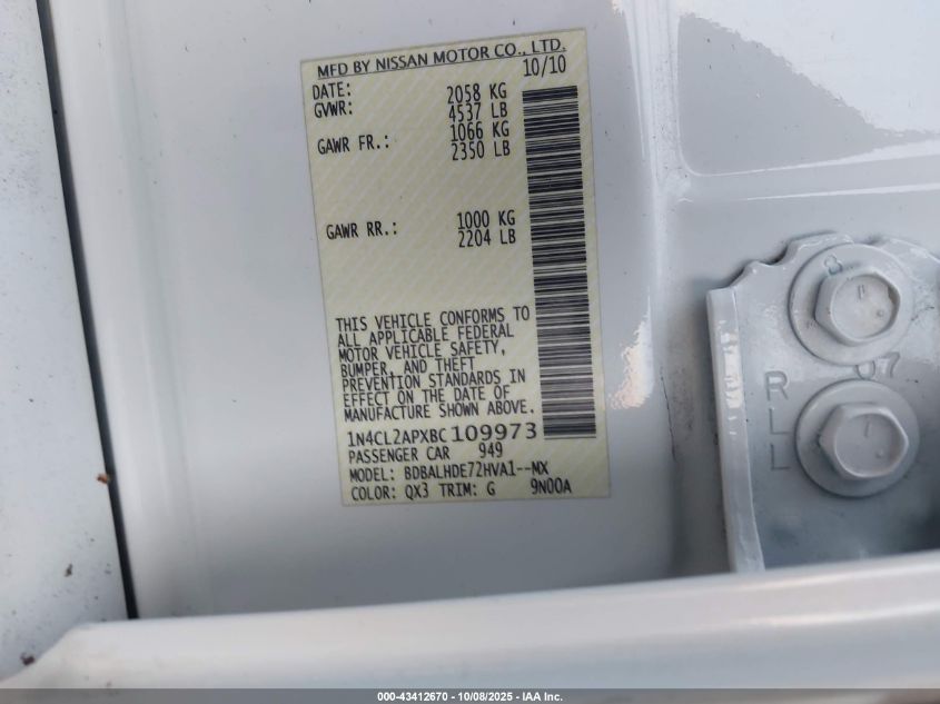 2011 Nissan Altima Hybrid VIN: 1N4CL2APXBC109973 Lot: 43412670