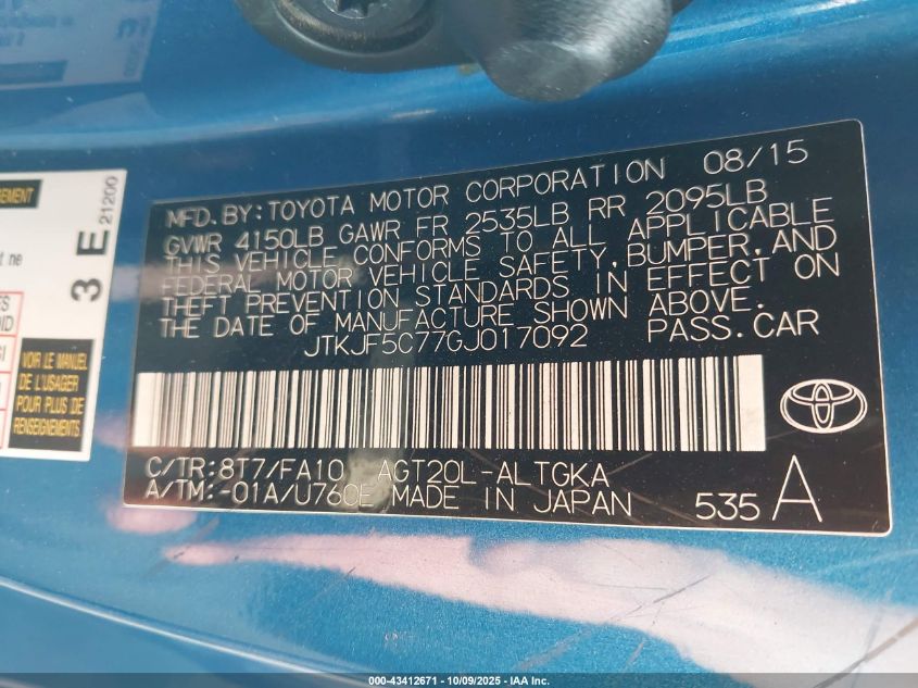 2016 Scion Tc VIN: JTKJF5C77GJ017092 Lot: 43412671