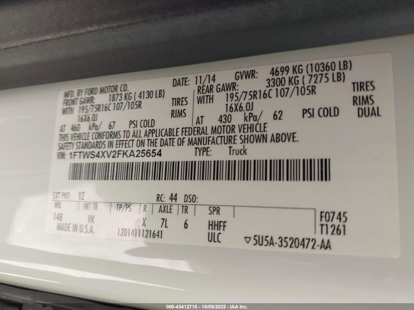 2015 Ford Transit-350 VIN: 1FTWS4XV2FKA25654 Lot: 43412718