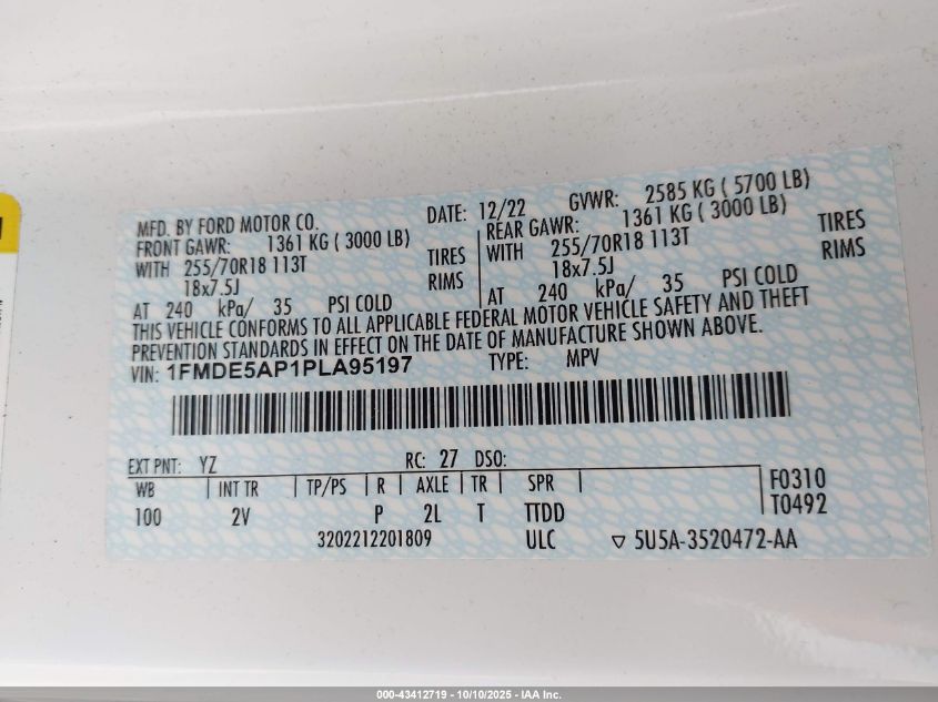 2023 Ford Bronco Outer Banks VIN: 1FMDE5AP1PLA95197 Lot: 43412719