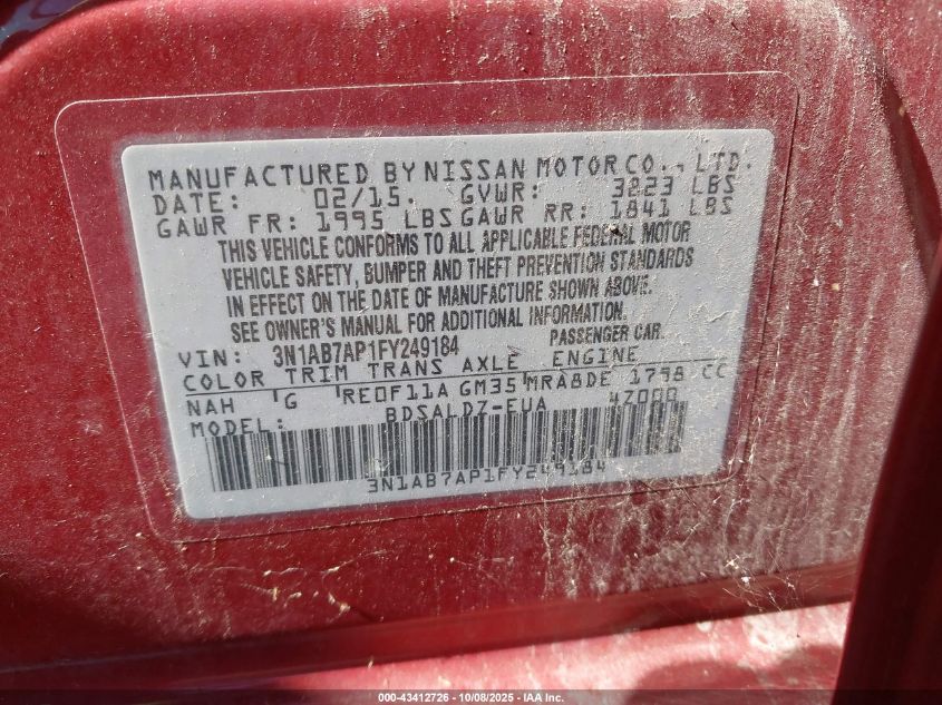 2015 Nissan Sentra Fe+ S/S/Sl/Sr/Sv VIN: 3N1AB7AP1FY249184 Lot: 43412726