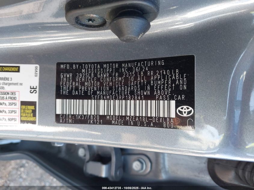 2024 Toyota Corolla Le VIN: 5YFB4MDE3RP182841 Lot: 43412735