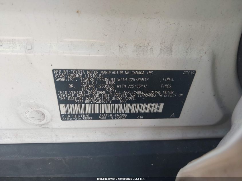 2019 Toyota Rav4 Le VIN: 2T3F1RFV9KW040218 Lot: 43412739