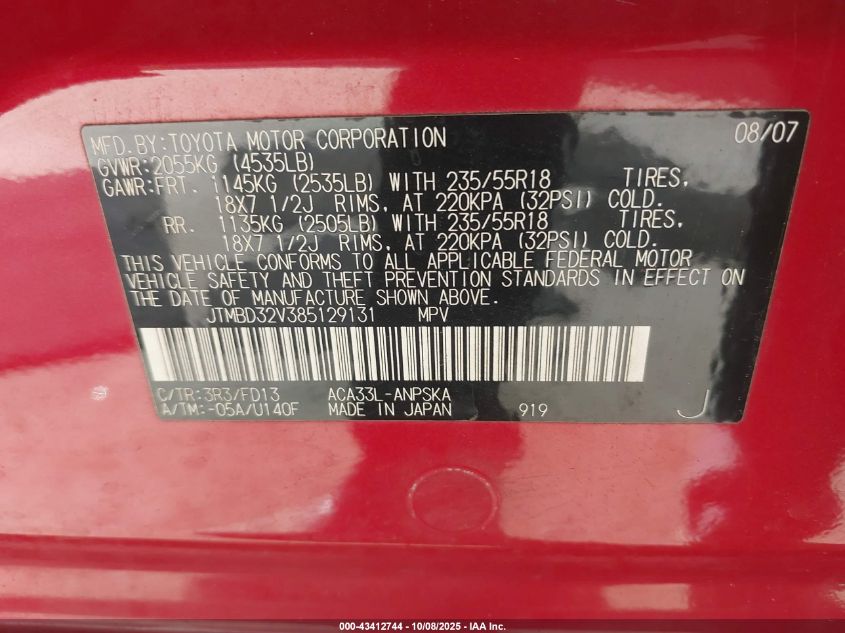 2008 Toyota Rav4 Sport VIN: JTMBD32V385129131 Lot: 43412744