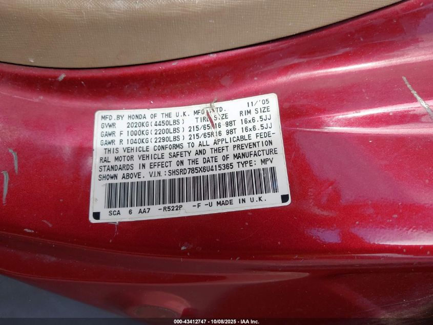 2006 Honda Cr-V Lx VIN: SHSRD785X6U415365 Lot: 43412747