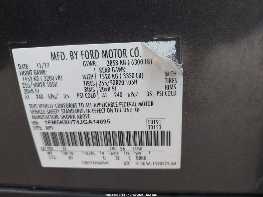 2018 Ford Explorer Platinum VIN: 1FM5K8HT4JGA14095 Lot: 43412751