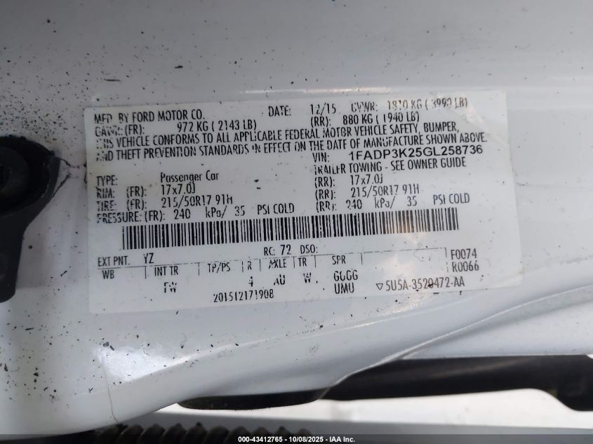 2016 Ford Focus Se VIN: 1FADP3K25GL258736 Lot: 43412765