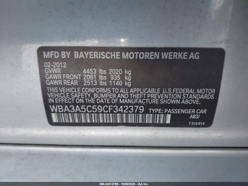 2012 BMW 328I VIN: WBA3A5C59CF342379 Lot: 43412769