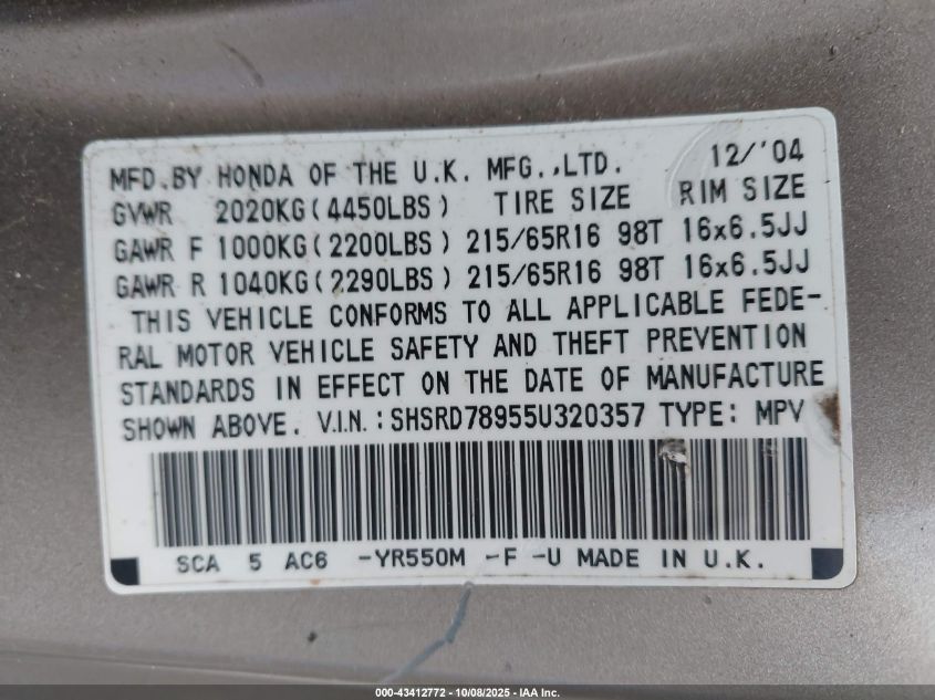 2005 Honda Cr-V Se VIN: SHSRD78955U320357 Lot: 43412772