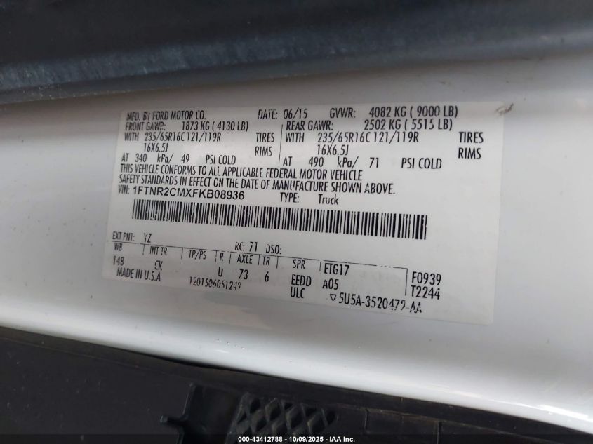 2015 Ford Transit-250 VIN: 1FTNR2CMXFKB08936 Lot: 43412788