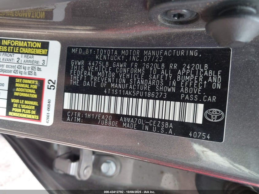 2023 Toyota Camry Se VIN: 4T1S11AK5PU186273 Lot: 43412792