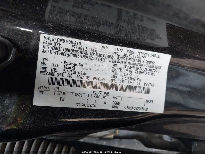 2012 Ford Focus Se VIN: 1FAHP3F28CL367276 Lot: 43412798