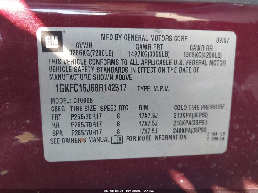 2008 GMC Yukon Xl 1500 Slt VIN: 1GKFC16J68R142517 Lot: 43412800