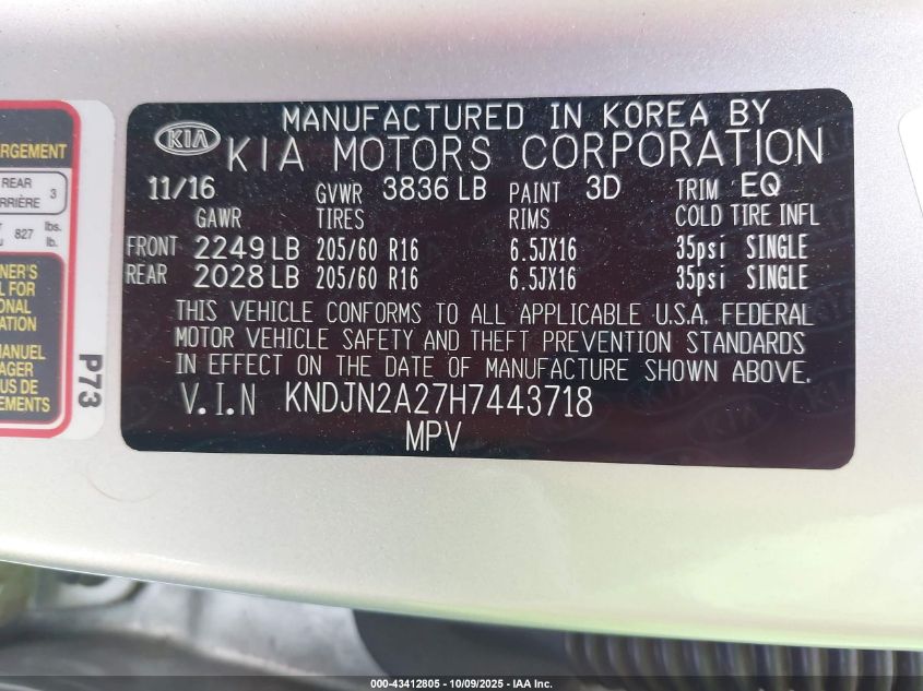 2017 Kia Soul VIN: KNDJN2A27H7443718 Lot: 43412805