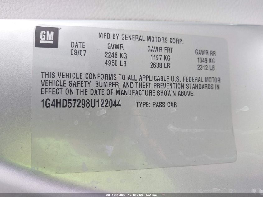 2008 Buick Lucerne Cxl VIN: 1G4HD57298U122044 Lot: 43412806