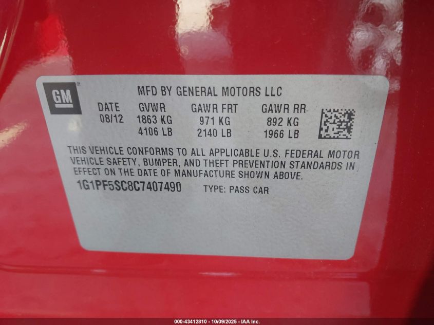 2012 Chevrolet Cruze 1Lt VIN: 1G1PF5SC8C7407490 Lot: 43412810