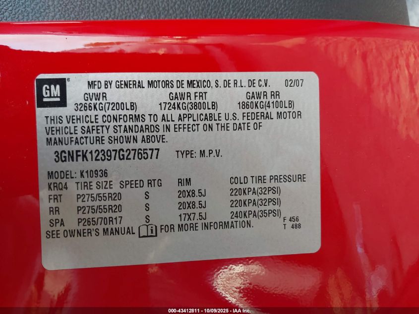 2007 Chevrolet Avalanche 1500 Ltz VIN: 3GNFK12397G276577 Lot: 43412811