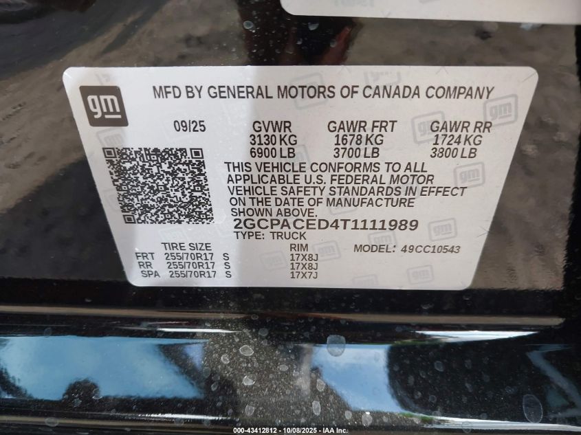 2026 Chevrolet Silverado 1500 2Wd Short Bed Lt VIN: 2GCPACED4T1111989 Lot: 43412812