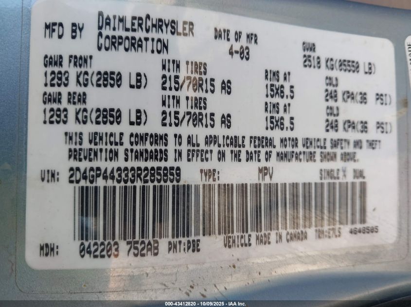 2003 Dodge Grand Caravan Sport VIN: 2D4GP44333R285859 Lot: 43412820