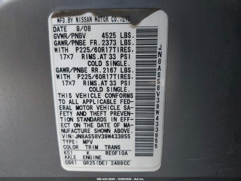 2009 Nissan Rogue Sl VIN: JN8AS58V39W433855 Lot: 43412849