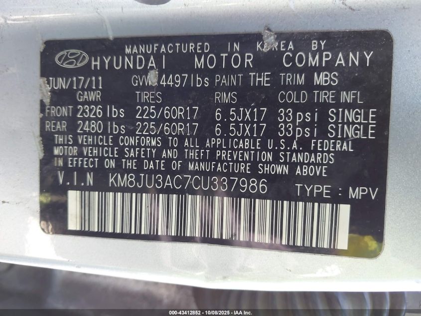 2012 Hyundai Tucson Gls VIN: KM8JU3AC7CU337986 Lot: 43412852