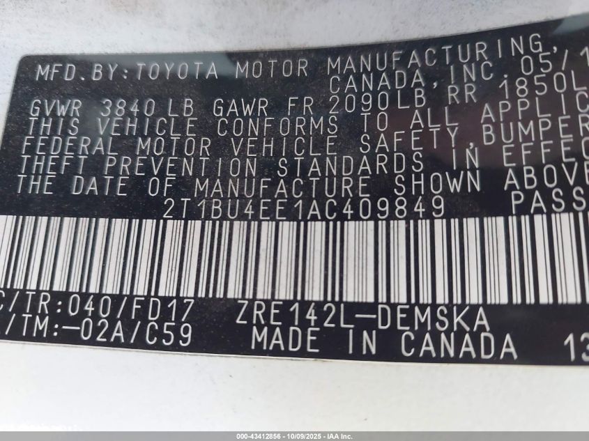 2010 Toyota Corolla S VIN: 2T1BU4EE1AC409849 Lot: 43412856