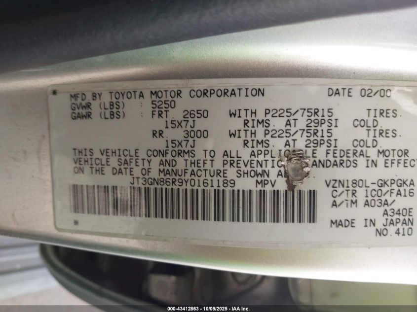 2000 Toyota 4Runner Sr5 V6 VIN: JT3GN86R9Y0161189 Lot: 43412863