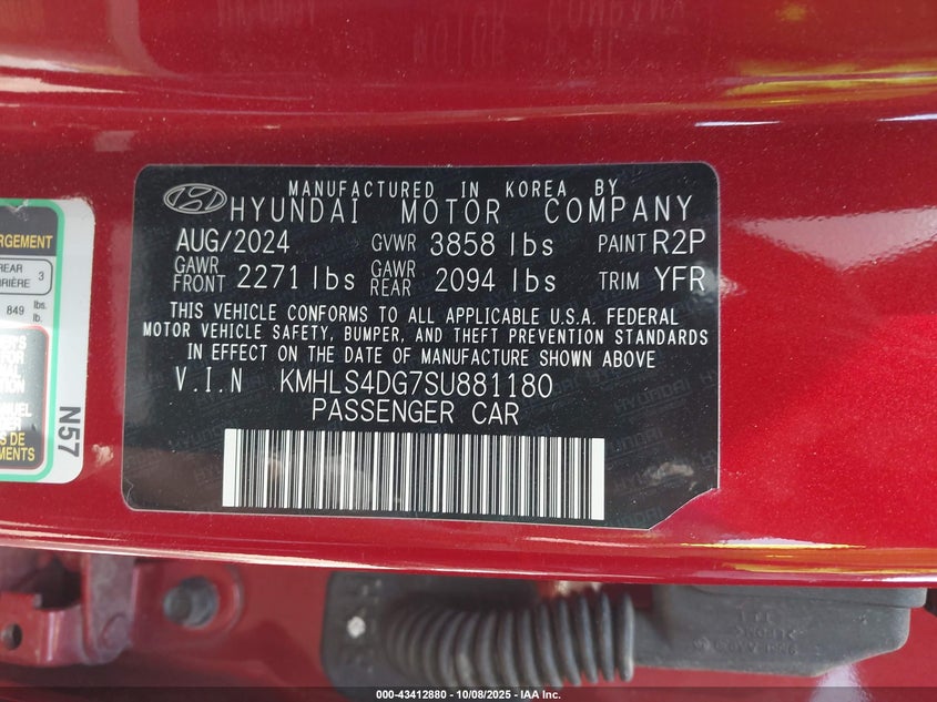2025 Hyundai Elantra Sel Convenience VIN: KMHLS4DG7SU881180 Lot: 43412880