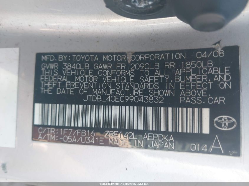 2009 Toyota Corolla Le VIN: JTDBL40E099043832 Lot: 43412890