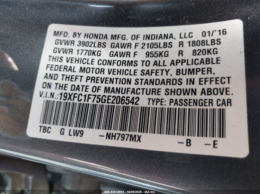 2016 Honda Civic Ex-L VIN: 19XFC1F75GE206542 Lot: 43412893