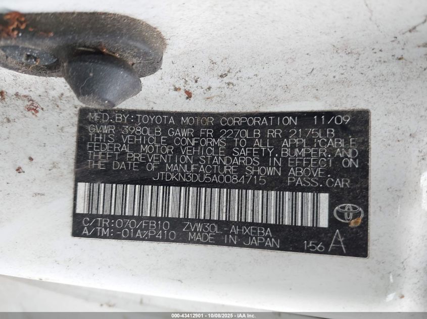 2010 Toyota Prius Ii VIN: JTDKN3DU5A0084715 Lot: 43412901