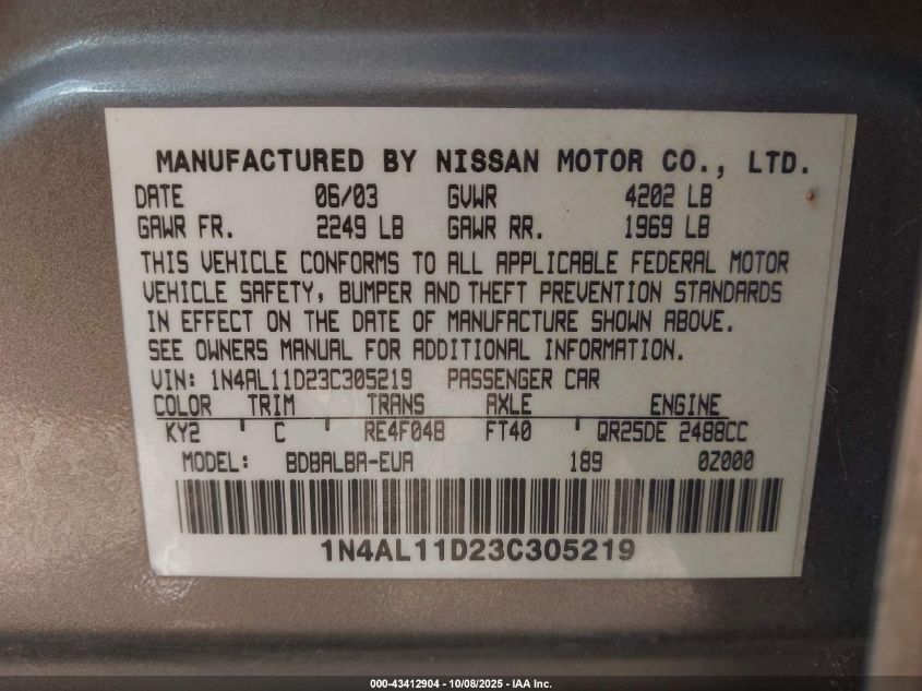2003 Nissan Altima 2.5 S VIN: 1N4AL11D23C305219 Lot: 43412904