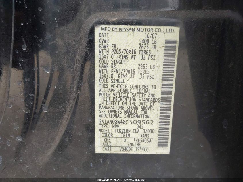 2008 Nissan Xterra S VIN: 5N1AN08W48C509562 Lot: 43412909