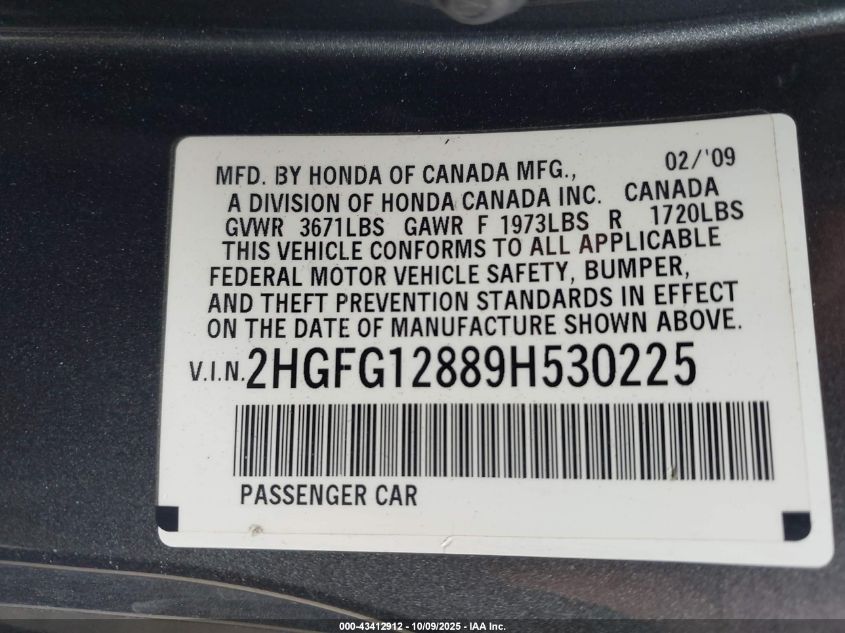 2009 Honda Civic Ex VIN: 2HGFG12889H530225 Lot: 43412912