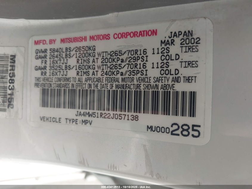 2002 Mitsubishi Montero Limited VIN: JA4MW51R22J057138 Lot: 43412913