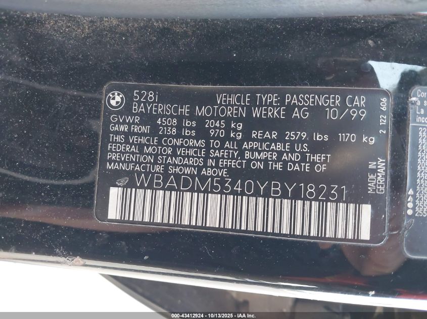 2000 BMW 528I VIN: WBADM5340YBY18231 Lot: 43412924