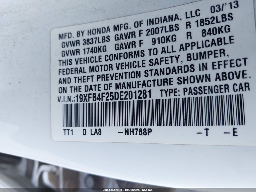 2013 HONDA CIVIC HYBRID 19XFB4F25DE201281