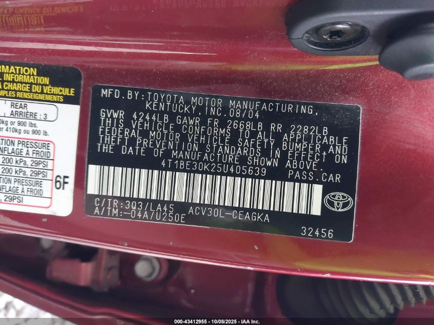 2005 Toyota Camry Xle VIN: 4T1BE30K25U405639 Lot: 43412955
