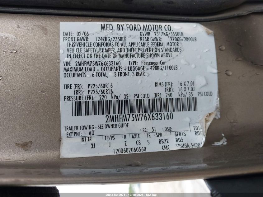 2006 Mercury Grand Marquis Ls VIN: 2MHFM75W76X633160 Lot: 43412971