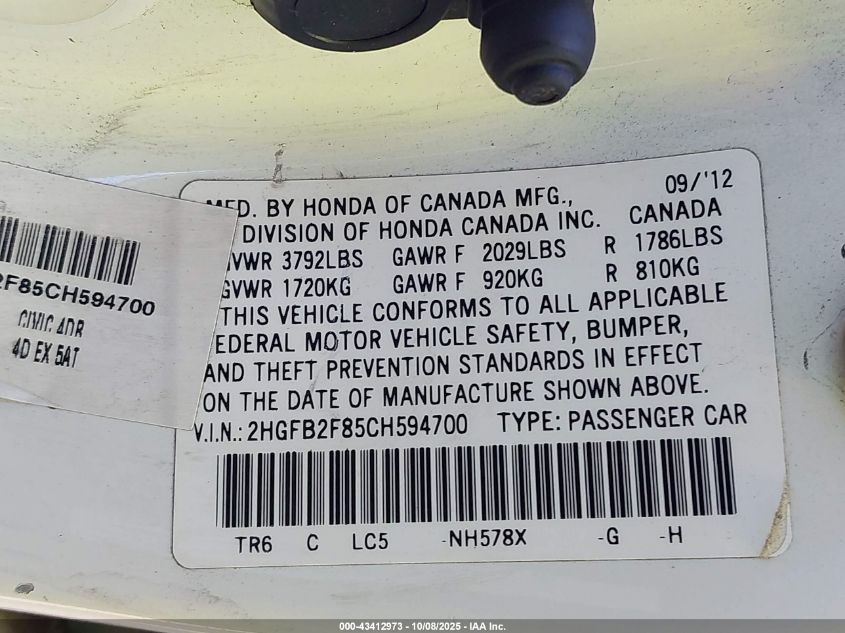 2012 Honda Civic Ex VIN: 2HGFB2F85CH594700 Lot: 43412973