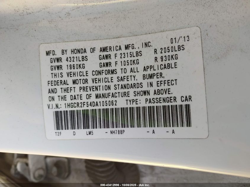 2013 Honda Accord Sport VIN: 1HGCR2F54DA105062 Lot: 43412996