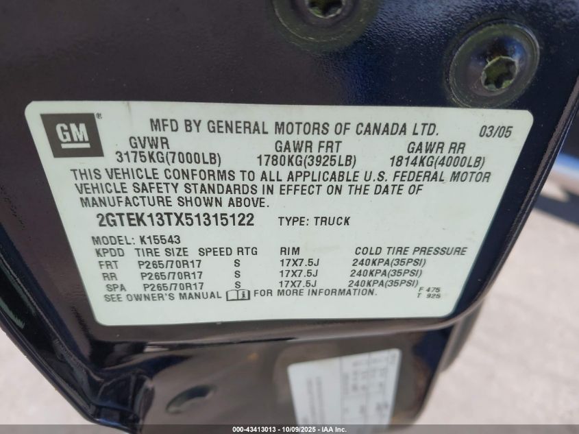 2005 GMC Sierra 1500 Sle VIN: 2GTEK13TX51315122 Lot: 43413013