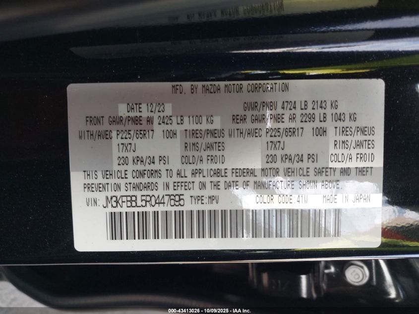 2024 Mazda Cx-5 2.5 S Select VIN: JM3KFBBL5R0447695 Lot: 43413026