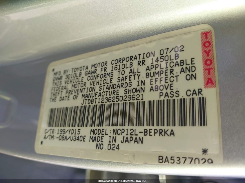 2002 Toyota Echo VIN: JTDBT123625029621 Lot: 43413030