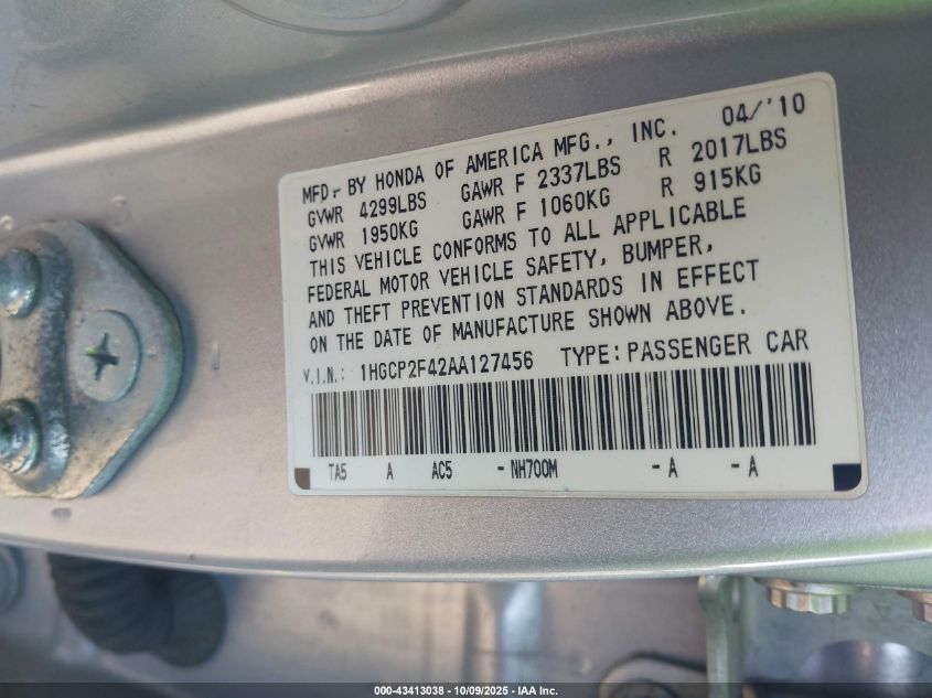 2010 Honda Accord 2.4 Lx-P VIN: 1HGCP2F42AA127456 Lot: 43413038