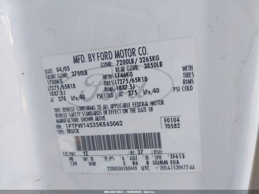 2005 Ford F-150 Fx4/Lariat/Xlt VIN: 1FTPW14535KE45062 Lot: 43413041
