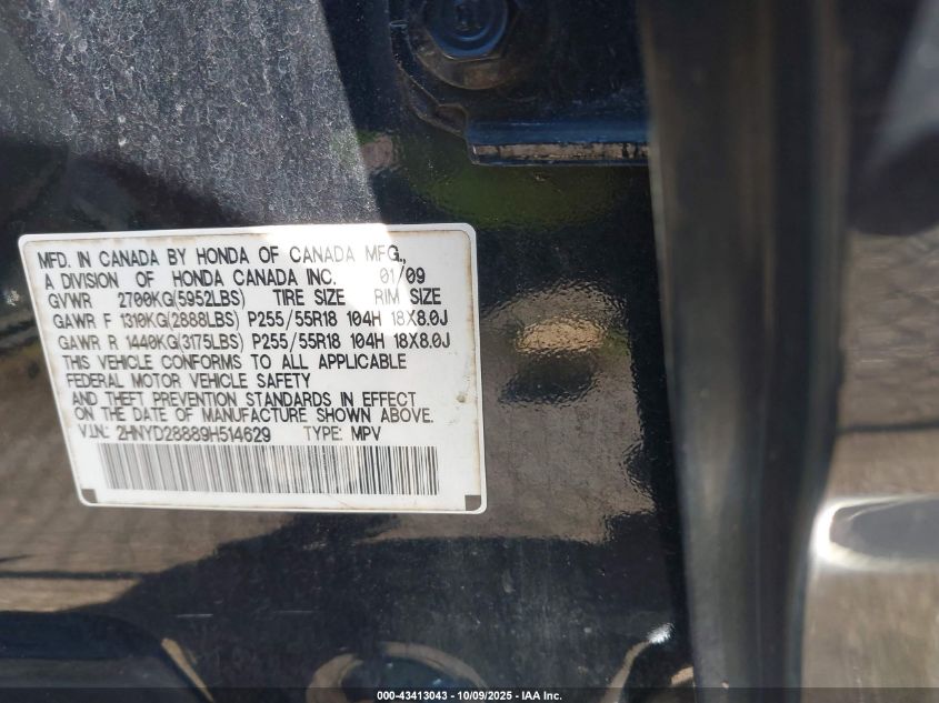 2009 Acura Mdx Sport Package VIN: 2HNYD28889H514629 Lot: 43413043