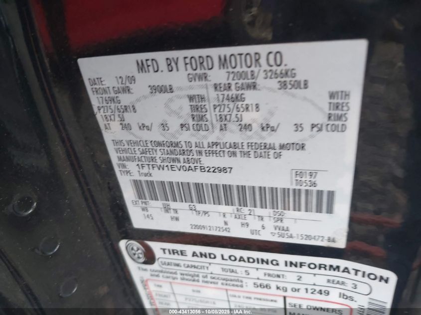 2010 Ford F-150 Fx4/Harley-Davidson/King Ranch/Lariat/Platinum/Xl/Xlt VIN: 1FTFW1EV0AFB22987 Lot: 43413056